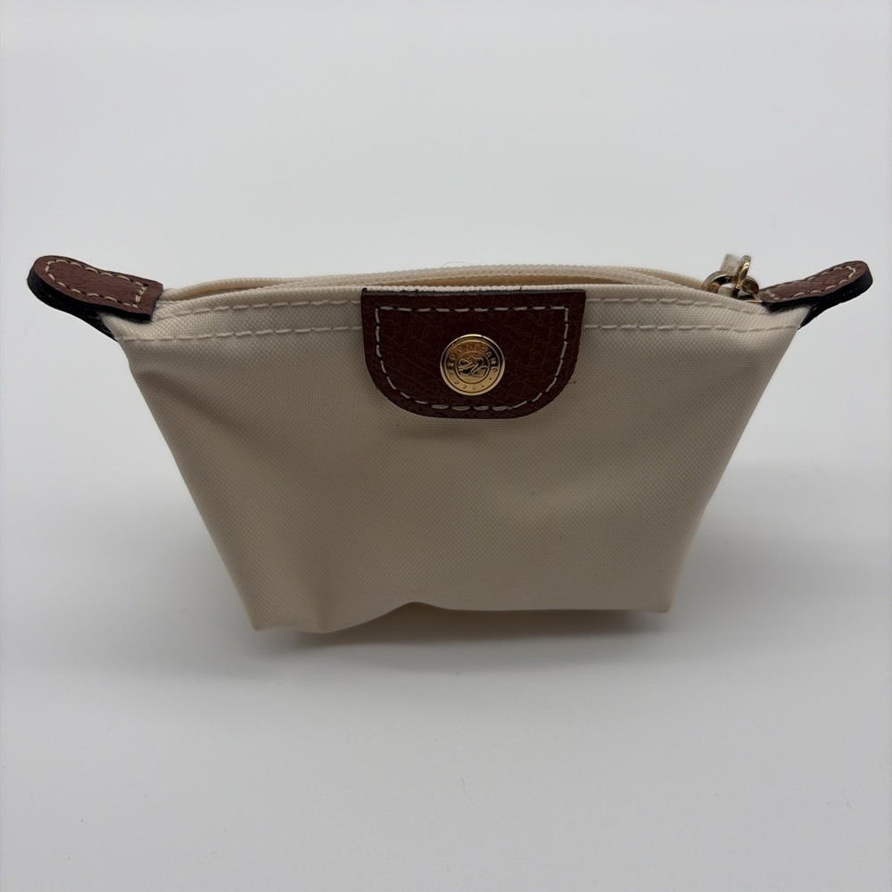Longchamp Le Pliage Dumpling Ivory Beige Nylon Coin Purse Leather Trim Zipper